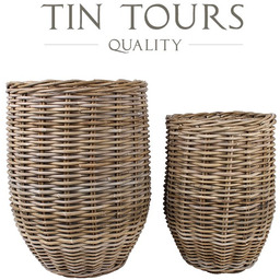 KOMPLET 2 WYSOKICH OKRĄGŁYCH KOSZY Z RATTANU