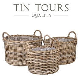 KOMPLET 3 OKRĄGŁYCH KOSZY Z RATTANU Z FOLIĄ