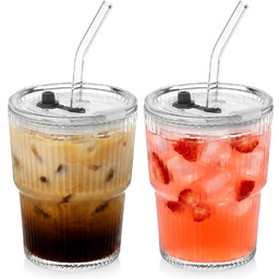 Kubki szklane z pokrywką i słomką 340 ml