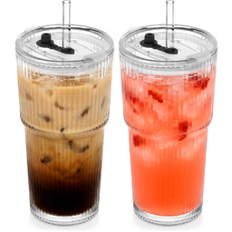 Kubki szklane z pokrywką i słomką 500 ml
