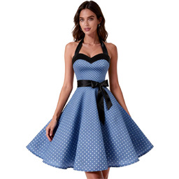 Damska Sukienka Midi Koktajlowa Vintage A-Line Elegancka Niebieska