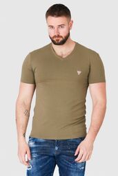 GUESS Khaki t-shirt męski w serek z elastanem,