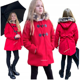 Ocieplony płaszcz budrysówka z futerkiem od wewnątrz czerwony