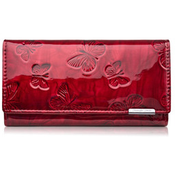 Portfel damski skórzany duży czerwony lakierowany ze wzorem
