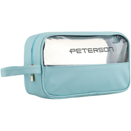 Niebieska kosmetyczka z tkaniny syntetycznej wyposażona w przezroczysty