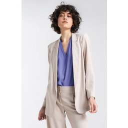 Beżowa Dłuższa Marynarka Damska Lniana