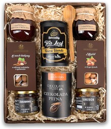 Duży kosz prezentowy gourmet;herbata;czekolada pitna;zestaw bakalii w czekoladzie;miodów