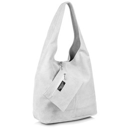 Zamszowa Torebka Skórzana Na Ramię Z Saszetką Jasnoszara