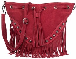 Bordowa Damska Torebka Worek Skóra Zamsz Frędzle Włoska