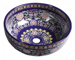 Umywalka ceramiczna, średnica 40,5cm, 15,5cm, fioletowa z ozdobami