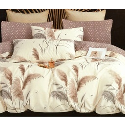 Pościel z satyny bawełnianej dwustronna brązowo-biała w trawę