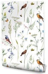 Muralo Tapeta Kolorowe Ptaki Kwiaty Liście Natura