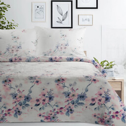 Koc flano biały w różowe i fioletowe kwiaty