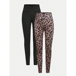 SHEIN LEGGINSY DZIECIĘCE BRĄZOWE W PANTERKĘ Z WYSOKIM