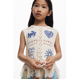 Desigual sweter szydełkowy z frędzlami