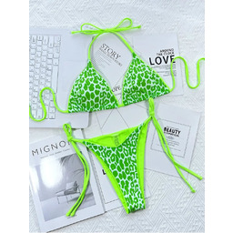 Strój Kąpielowy BIKINI Stringi Neon Wiązane Panterka -
