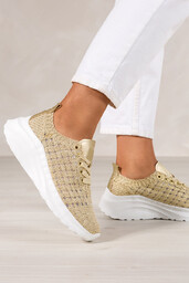 Złote sneakersy damskie buty sportowe na koturnie sznurowane