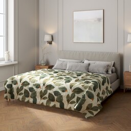 Narzuta pikowana w pasy, brązowo-pomarańczowe liście na szarym