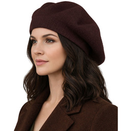 Brązowy, stylowy beret damski wykonany z akrylu -