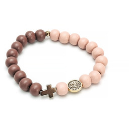 Pakamera Różowo brązowa bransoletka z krzyżykiem, różaniec