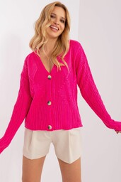 Fluo różowy sweter damski rozpinany z dekoltem V