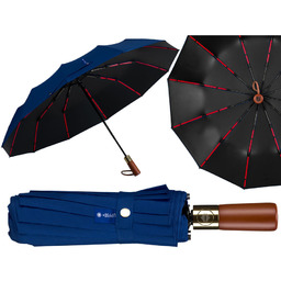 Niebieski, duży, elegancki i składany parasol w pokrowcu