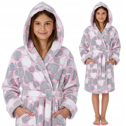 Szlafrok z kapturem dziecięcy ciepły milutki 152/158 Serduszka