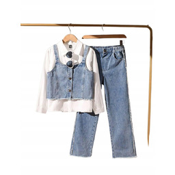 Shein Komplet Jeansowy Spodenki Koszula Biała Kamizelka 8/9