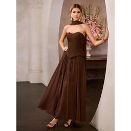 SHEIN ELEGANCKA BRĄZOWA SUKIENKA WIECZOROWA GORSETOWA NA WESELE