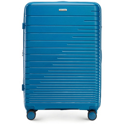 Duża walizka z polipropylenu z błyszczącymi paskami niebieska