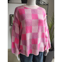 Sweter oversize w kratkę - różowy One size