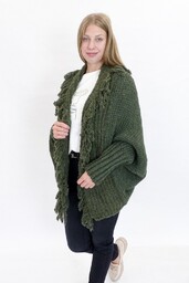 Minouu Sweter Kardigan z Frędzlami Oliwkowy UNI