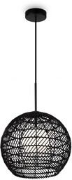 CANE Lampa wisząca czarna rattan, biała szkło H345cm