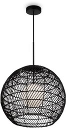 CANE Lampa wisząca czarna rattan, biała szkło H358cm