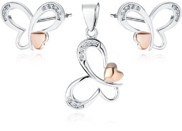 Delikatny rodowany pozłacany srebrny komplet motylki serca białe