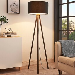 Lampa Podłogowa Lindby, Majken, czarny, salon, drewno, skandynawski