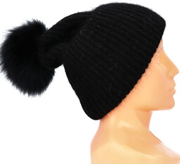 Luksusowa ciepła czapka damska z pomponem z naturalnego