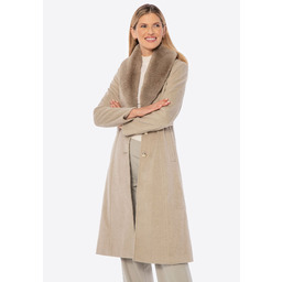Damski płaszcz z odpinanym sztucznym futerkiem ciemny beż