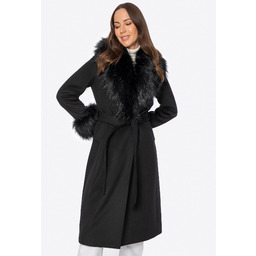 Płaszcz damski z wełną i futrzanymi elementami czarny