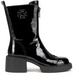 Damskie botki skórzane z monogramem czarno - srebrne