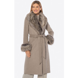 Płaszcz damski z wełną i futrzanymi elementami ciemny