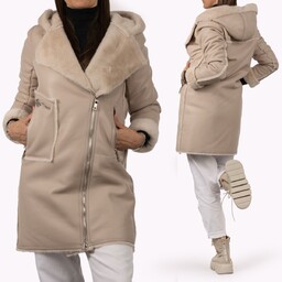 Płaszcz Damski Eko Skóra Kurtka Beżowy z futerkiem