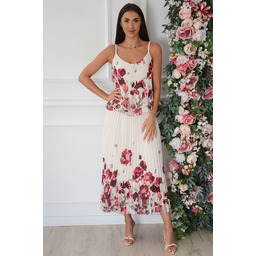 Sukienka maxi plisowana w kwiaty ecru-bordo Alja