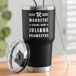 Czarny kubek termiczny z własnym grawerem dla majsterkowicza