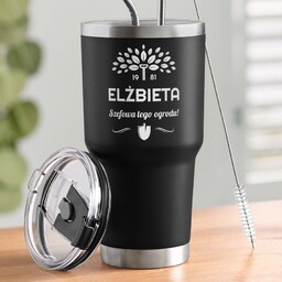 Czarny kubek termiczny z własnym grawerem dla szefowej