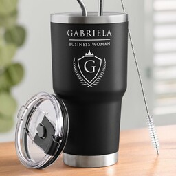 Czarny kubek termiczny z własnym grawerem dla szefowej