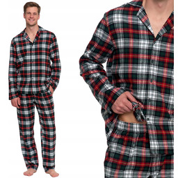 Klasyczna Piżama Męska W Kratę Bawełniana Flanela Długi