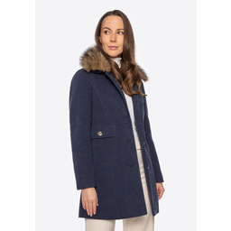 Krótki płaszcz damski z futerkowym kołnierzem granatowy