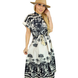 Letnia sukienka MIDI safari print ze stójką