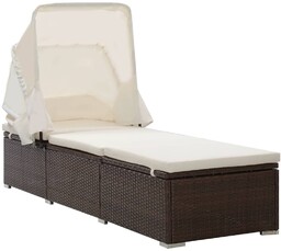 vidaXL Leżak z zadaszeniem i poduszką, polirattanowy, brązowy